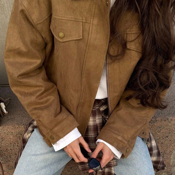 Khaki Casual Women's Loose Pocket Oversized faux Suede Jacket - Picture 4 of 5